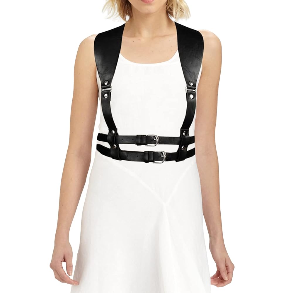 LEWECEEO Women Harness Leather Waistband Double Shoulder